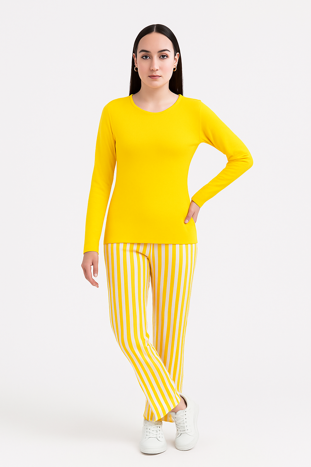 Sunshine Lounge Set – Yellow Long Sleeve Top & Striped Trouser
