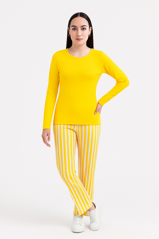 Sunshine Lounge Set – Yellow Long Sleeve Top & Striped Trouser