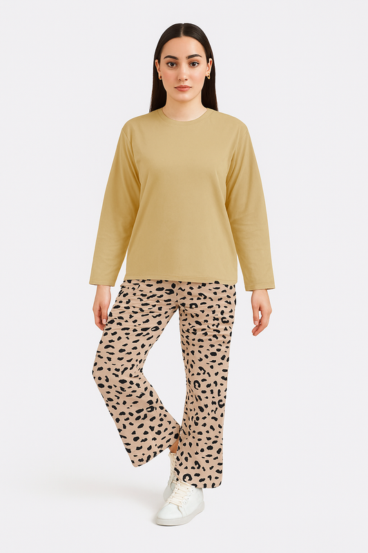 Beige Leopard Print Night Suit – Cozy Luxe Edition