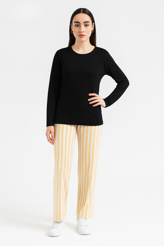 Black Long Sleeve Top & Mustard Stripe Trouser Set