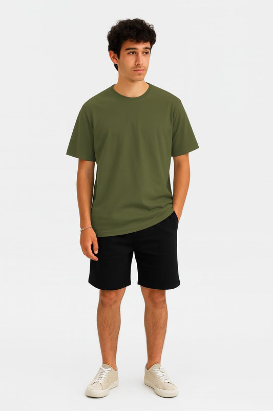 Olive Green Tee + Black Shorts  Set